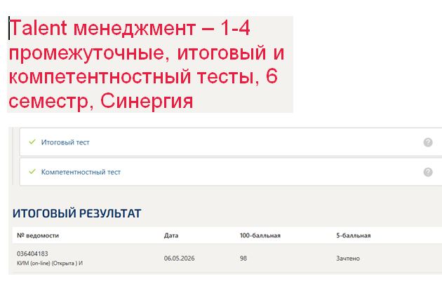Talent- менеджмент. 1–4 промежуточные, итоговый и компетентностный тесты – 6 семестр. Синергия
