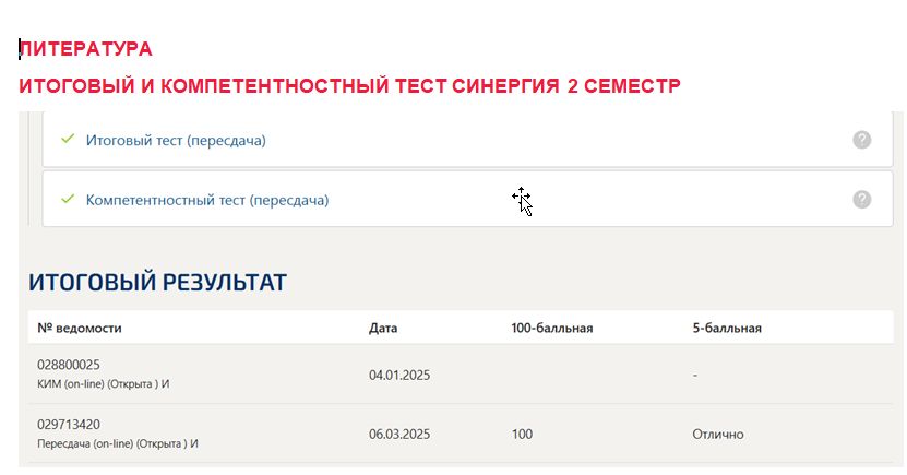 Литература. Итоговый и компетентностный тесты. 2 семестр. Синергия