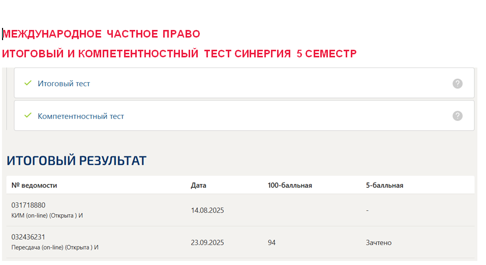 Международное частное право. Итоговый и компетентностный тесты. 5 семестр. Синергия