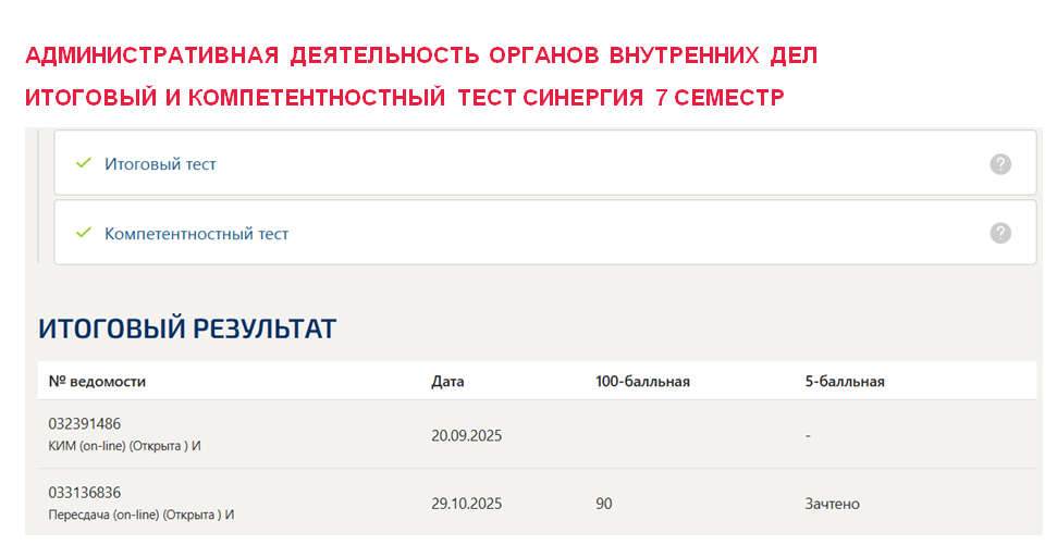 Административная деятельность органов внутренних дел. Итоговый и компетентностный тесты. 7 семестр. Синергия