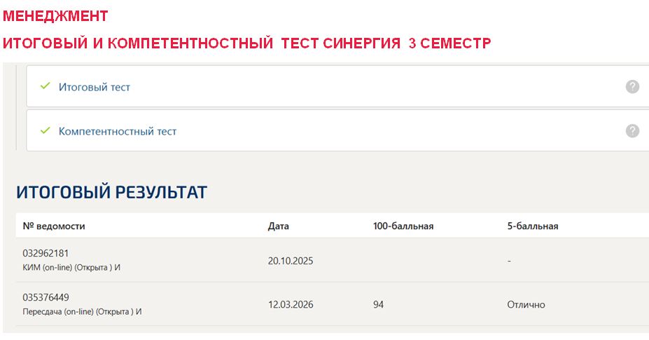 Менеджмент, итоговый и компетентностный тест – 3 семестр. Синергия