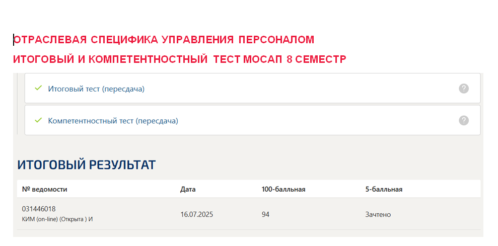 Отраслевая специфика управления персоналом – итоговый и компетентностный тесты. 8 семестр. Синергия 