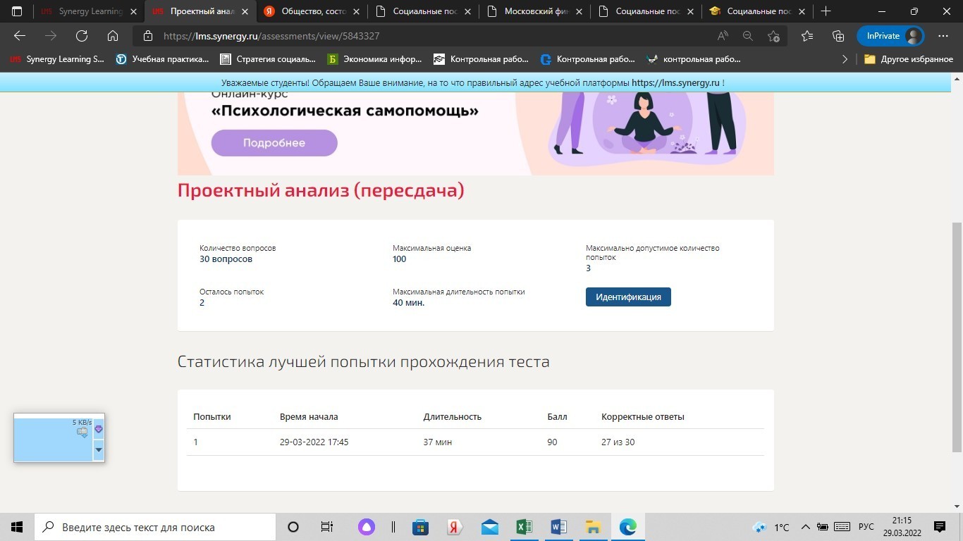 Проектный анализ. Тест Синергия