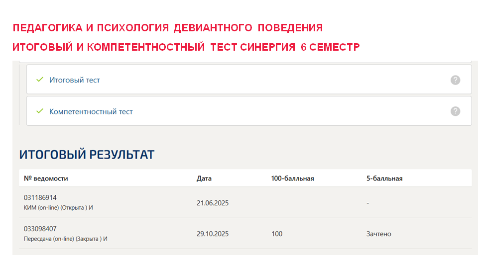 Педагогика и психология девиантного поведения. Итоговый и компетентностный тесты. 6 семестр. Синергия