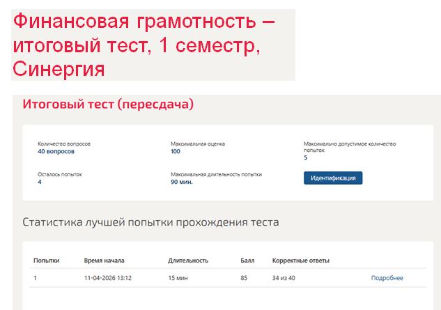 Финансовая грамотность – итоговый тест, 1 семестр, Синергия