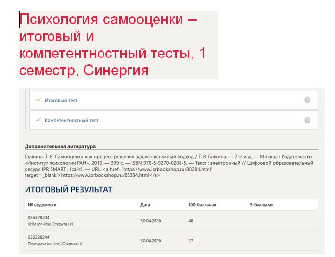 Психология самооценки – итоговый и компетентностный тесты, 1 семестр, Синергия