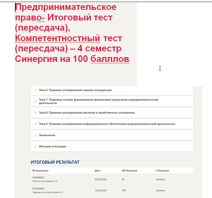 Предпринимательское право. Итоговый и компетентностный тесты. Синергия
