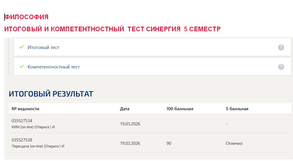 Философия, итоговый и компетентностный тест – 5 семестр. Синергия 