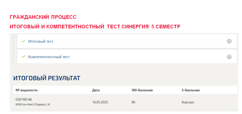 Гражданский процесс. Итоговый и компетентностный тесты. 5 семестр. Синергия
