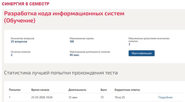 Разработка кода информационных систем – 8 семестр. Синергия