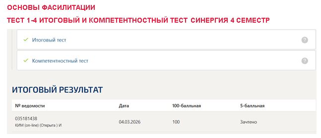 Основы фасилитации, тест 1-4 итоговый и компетентностный тест – 4 семестр. Синергия