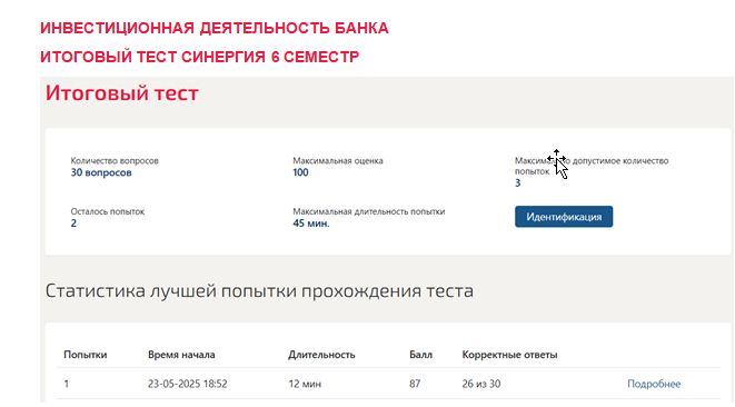 Инвестиционная деятельность банка. Итоговый тест. 6 семестр. Синергия