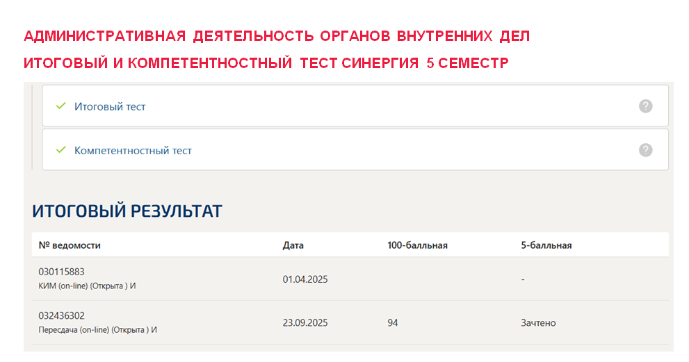 Административная деятельность органов внутренних дел. Итоговый и компетентностный тесты. 5 семестр. Синергия