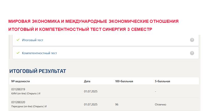 Мировая экономика и международные экономические отношения. Итоговый и компетентностный тесты. 3 семестр. Синергия