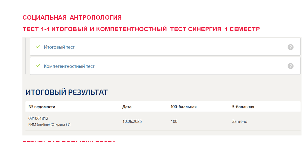 Социальная антропология. Промежуточные 1-4, итоговый и компетентностный тесты. 1 семестр. Синергия