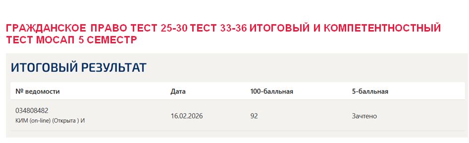 Гражданское право тест 25-30, тест 33-36, итоговый и компетентностный тест – 5 семестр. Синергия 