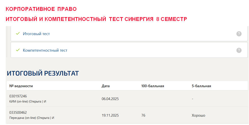 Корпоративное право. Итоговый и компетентностный тесты – 8 семестр. Синергия