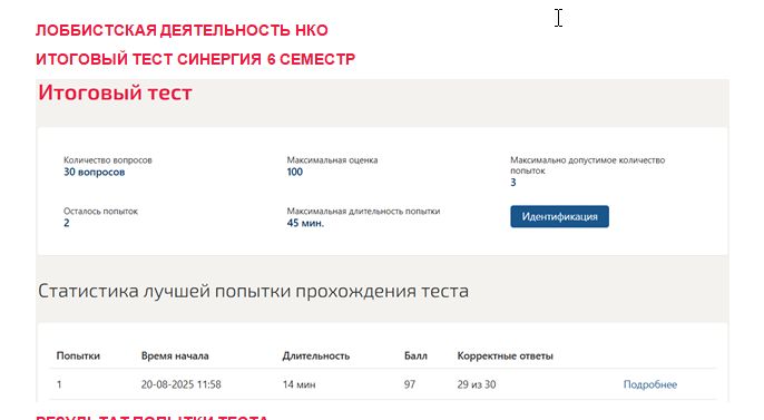 Лоббистская деятельность НКО. Итоговый тест. 6 семестр. Синергия