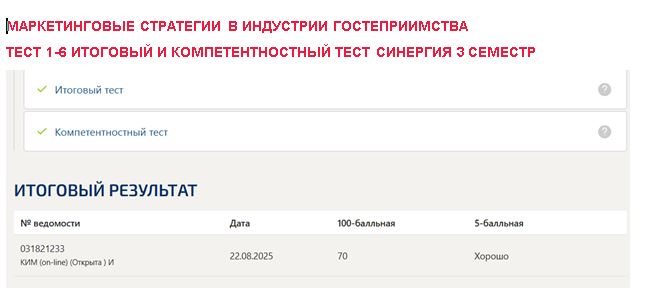 Маркетинговые стратегии в индустрии гостеприимства, тест 1-6 итоговый и компетентностный тест – 3 семестр. Синергия