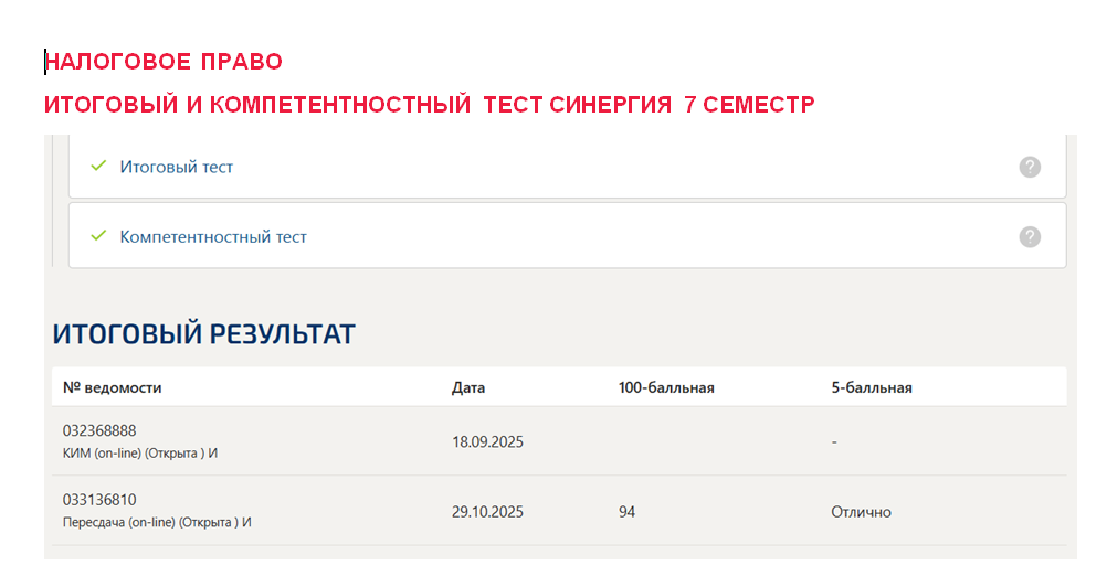 Налоговое право. Итоговый и компетентностный тесты. 7 семестр. Синергия