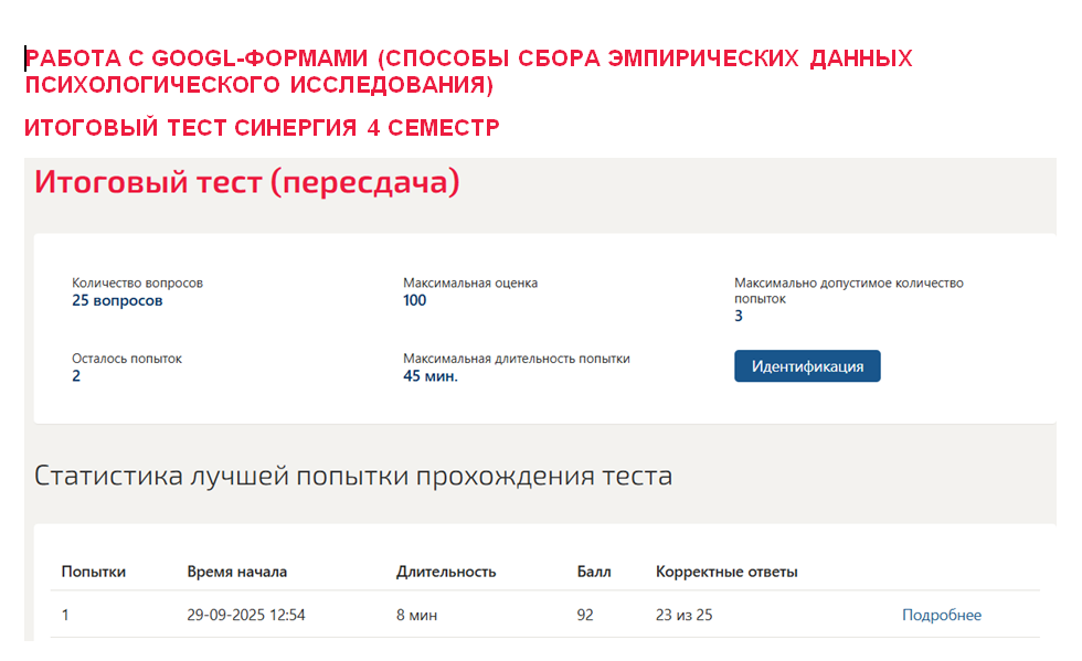 Работа с Googl-формами (способы сбора эмпирических данных психологического исследования). Итоговый тест. 4 семестр. Синергия