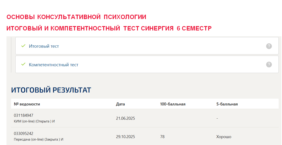 Основы консультативной психологии. Итоговый и компетентностный тесты. 6 семестр. Синергия