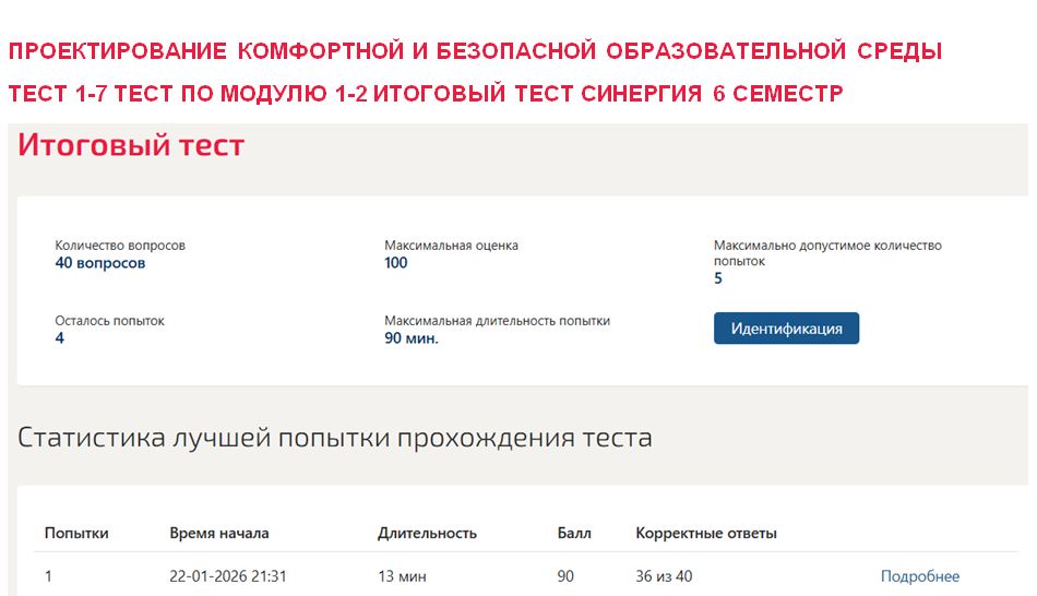 Проектирование комфортной и безопасной образовательной среды, тест 1-7 тест по модулю 1-2, итоговый тест – 6 семестр. Синергия
