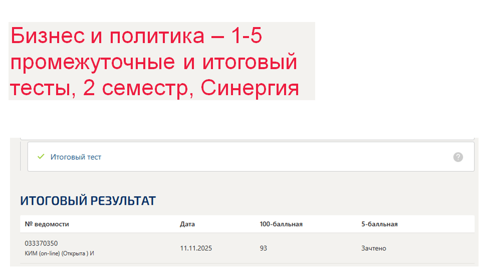 Бизнес и политика – промежуточные (1-5) и итоговый тесты. 2 семестр. Синергия