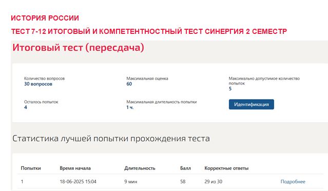 История России. Промежуточные (7-12), итоговый и компетентностный тесты. 2 семестр. Синергия
