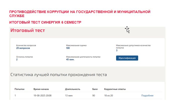 Противодействие коррупции на государственной и муниципальной службе. Итоговый тест. 6 семестр. Синергия