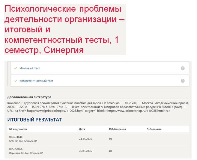 Профилактические психолого-педагогические программы – итоговый и компетентностный тесты, 1 семестр, Синергия