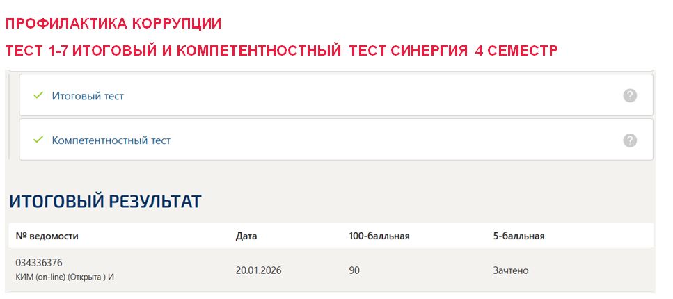 Профилактика коррупции, тест 1-7, итоговый и компетентностный тест – 4 семестр. Синергия