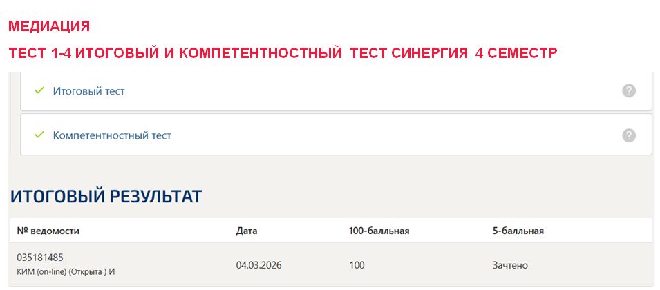 Медиация, тест 1-4, итоговый и компетентностный тест – 4 семестр. Синергия