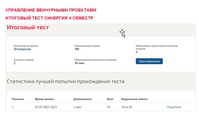 Управление венчурными проектами. Итоговый тест. 4 семестр. Синергия