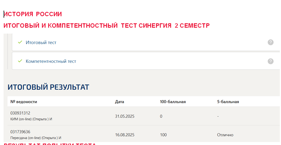 История России. Итоговый и компетентностный тесты. 2 семестр. Синергия