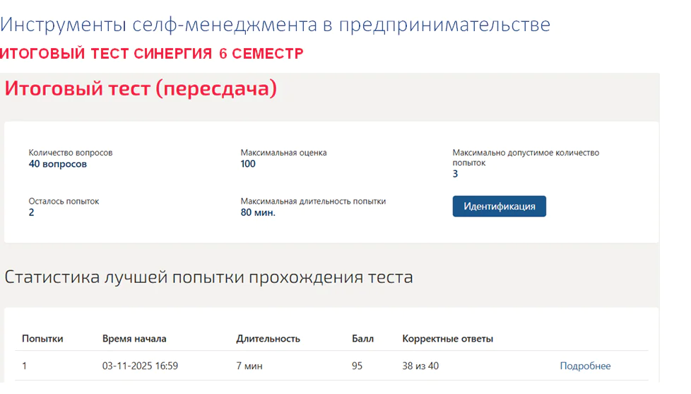 Инструменты селф-менеджмента в предпринимательстве. Итоговый тест. 6 семестр. Синергия