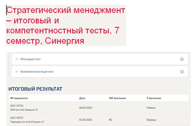 Стратегический менеджмент – итоговый и компетентностный тесты, 7 семестр, Синергия