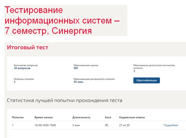 Тестирование информационных систем – 7 семестр, Синергия
