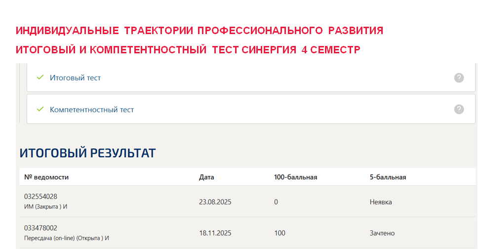 Индивидуальные траектории профессионального развития. Итоговый и компетентностный тесты – 4 семестр. Синергия