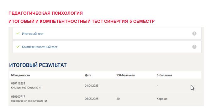 Педагогическая психология. Итоговый и компетентностный тесты. 5 семестр. Синергия