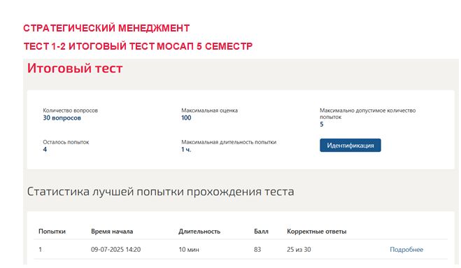 Стратегический менеджмент. Промежуточные (1-2), итоговый тесты. 5 семестр. Синергия 
