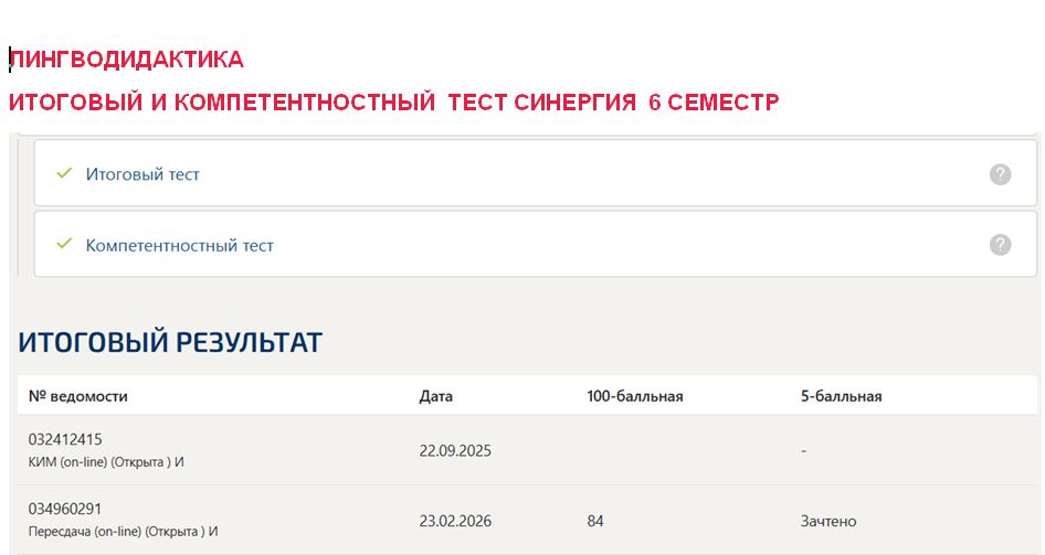 Лингводидактика, итоговый и компетентностный тест – 6 семестр. Синергия