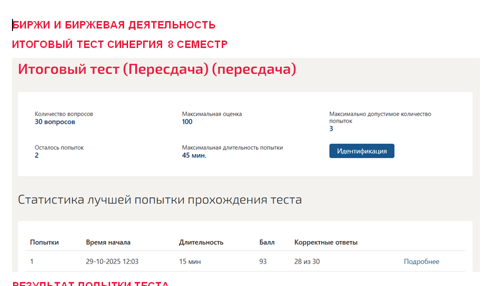 Биржи и биржевая деятельность. Итоговый тест. 8 семестр. Синергия