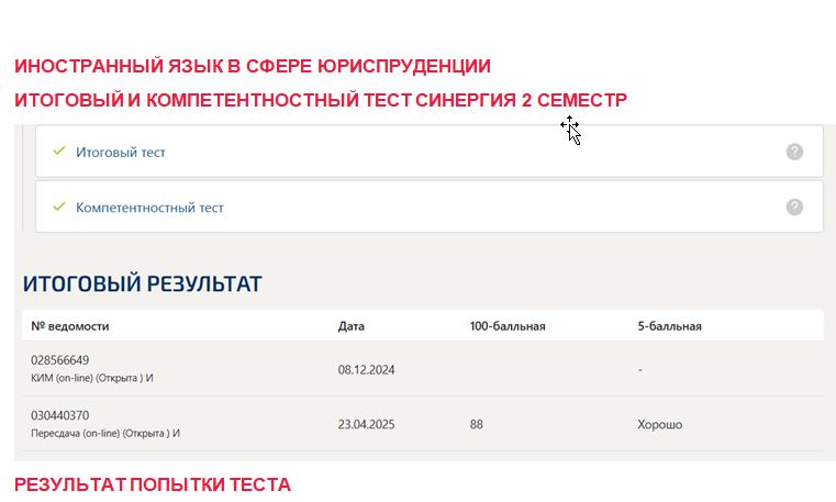 Иностранный язык в сфере юриспруденции. Итоговый и компетентностный тесты. 2 семестр. Синергия