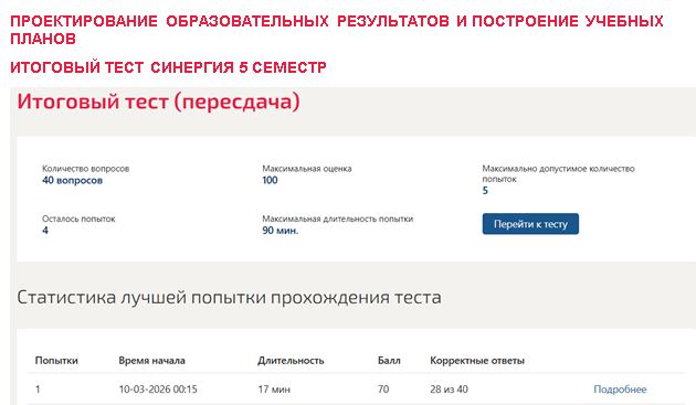 Проектирование образовательных результатов и построение учебных планов, итоговый тест – 5 семестр. Синергия