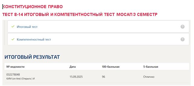 Конституционное право, тест 8-14 итоговый и компетентностный тест – 3 семестр. Синергия 