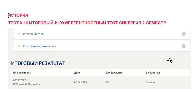 История. Промежуточные (9-16), итоговый и компетентностный тесты. 2 семестр. Синергия