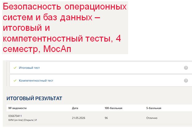 Безопасность операционных систем и баз данных – итоговый и компетентностный тесты, 4 семестр, Синергия 