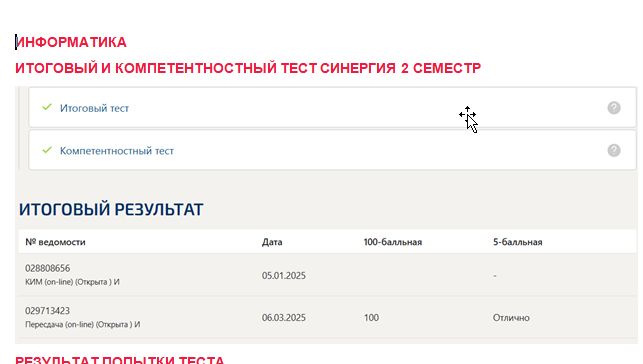 Информатика. Итоговый и компетентностный тесты. 2 семестр. Синергия