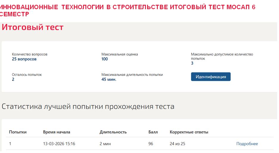 Инновационные технологии в строительстве, итоговый тест – 6 семестр. Синергия 